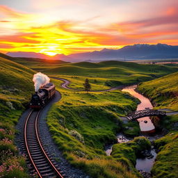 A scenic railway landscape with a winding train track cutting through lush green hills, dotted with wildflowers