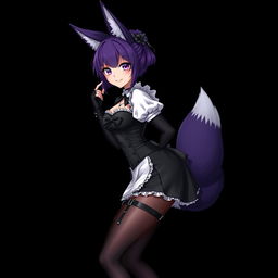 A sexy gothic semi-realistic anime kitsune girl maid, featuring gothic makeup and shoulder-length purple hair styled in a bun, adorned with a black hairpin