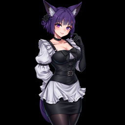 A sexy gothic semi-realistic anime kitsune girl maid, featuring gothic makeup and shoulder-length purple hair styled in a bun, adorned with a black hairpin