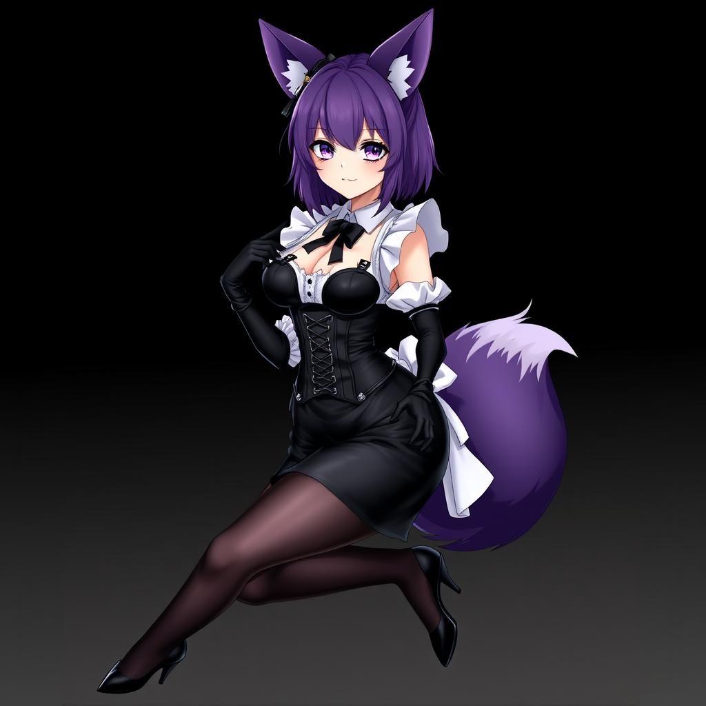 A sexy gothic semi-realistic anime kitsune girl maid, featuring gothic makeup and shoulder-length purple hair styled in a bun, adorned with a black hairpin