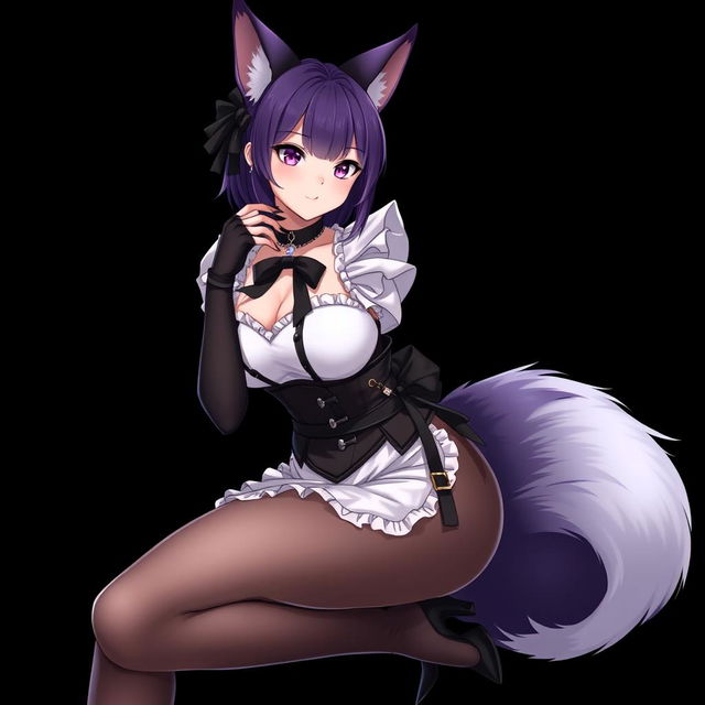 A sexy gothic semi-realistic anime kitsune girl maid, featuring gothic makeup and shoulder-length purple hair styled in a bun, adorned with a black hairpin