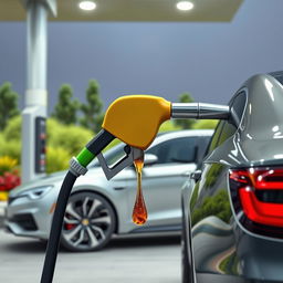 A surreal scene depicting a gasoline nozzle fueling a modern car, but instead of gasoline, spoiled food, like overripe fruits and vegetables, is being dispensed