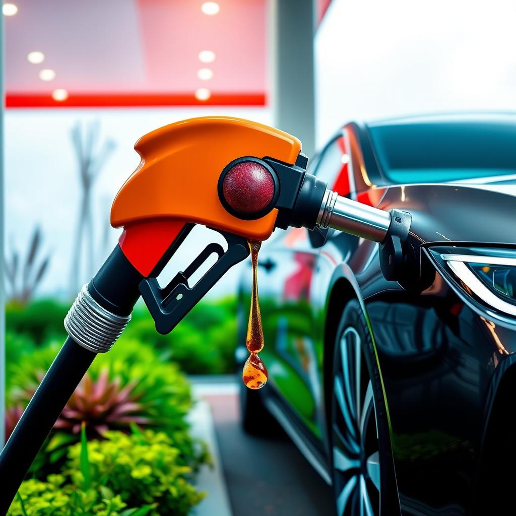 A surreal scene depicting a gasoline nozzle fueling a modern car, but instead of gasoline, spoiled food, like overripe fruits and vegetables, is being dispensed