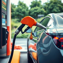 A surreal scene depicting a gasoline nozzle fueling a modern car, but instead of gasoline, spoiled food, like overripe fruits and vegetables, is being dispensed