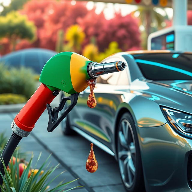 A surreal scene depicting a gasoline nozzle fueling a modern car, but instead of gasoline, spoiled food, like overripe fruits and vegetables, is being dispensed