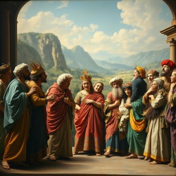 An ancient theater scene featuring a blurred dreamlike backdrop of a landscape