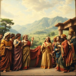 An ancient theater scene featuring a blurred dreamlike backdrop of a landscape