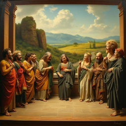 An ancient theater scene featuring a blurred dreamlike backdrop of a landscape