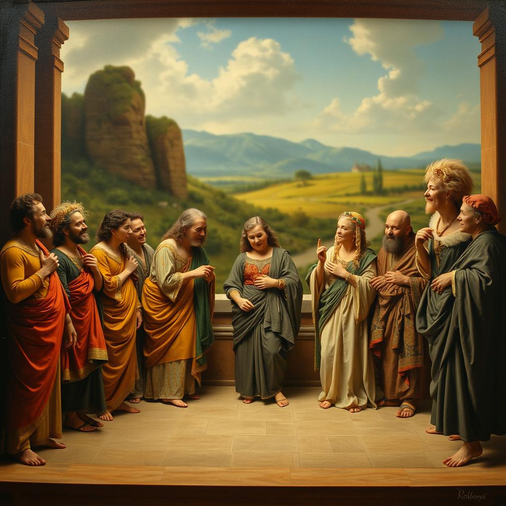 An ancient theater scene featuring a blurred dreamlike backdrop of a landscape