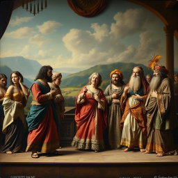 An ancient theater scene featuring a blurred dreamlike backdrop of a landscape