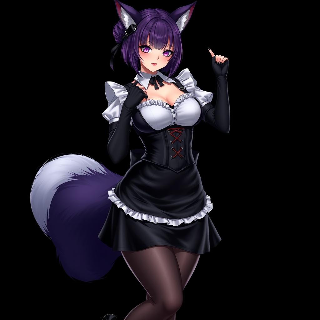 A sexy gothic semi-realistic anime kitsune girl maid, featuring striking gothic makeup and shoulder-length purple hair styled in a bun, complemented by a black hairpin