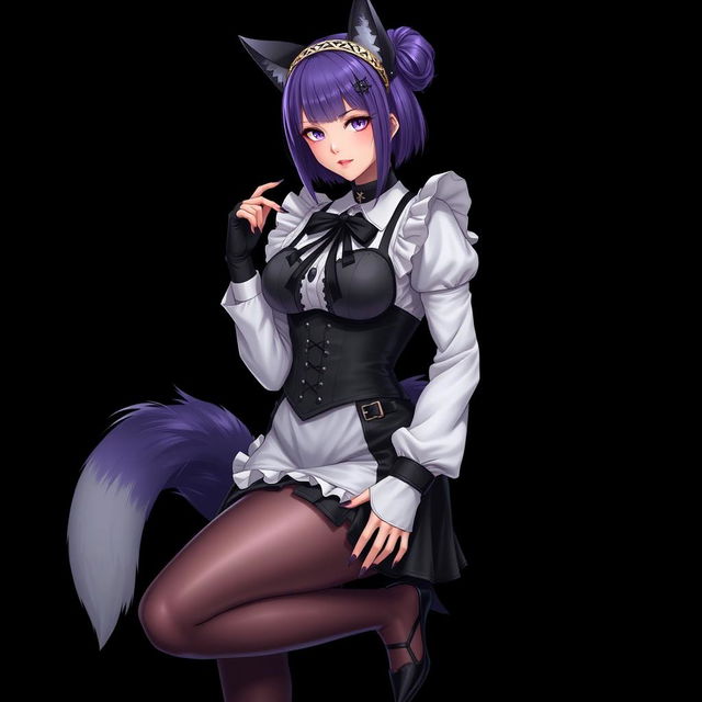 A sexy gothic semi-realistic anime kitsune girl maid, featuring striking gothic makeup and shoulder-length purple hair styled in a bun, complemented by a black hairpin