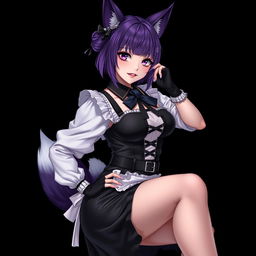 A sexy gothic semi-realistic anime kitsune girl maid, featuring striking gothic makeup and shoulder-length purple hair styled in a bun, complemented by a black hairpin