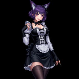 A sexy gothic semi-realistic anime kitsune girl maid, featuring striking gothic makeup and shoulder-length purple hair styled in a bun, complemented by a black hairpin