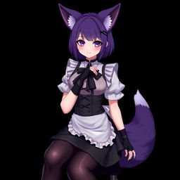 A sexy gothic semi-realistic anime kitsune girl maid, featuring striking gothic makeup and shoulder-length purple hair styled in a bun, held in place by a black hairpin
