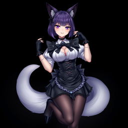 A sexy gothic semi-realistic anime kitsune girl maid, featuring striking gothic makeup and shoulder-length purple hair styled in a bun, held in place by a black hairpin