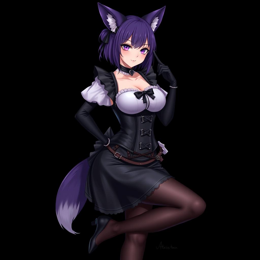 A sexy gothic semi-realistic anime kitsune girl maid, featuring striking gothic makeup and shoulder-length purple hair styled in a bun, held in place by a black hairpin