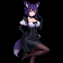 A sexy gothic semi-realistic anime kitsune girl maid, featuring striking gothic makeup and shoulder-length purple hair styled in a bun, held in place by a black hairpin