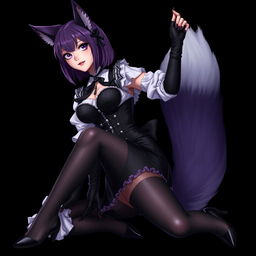 A sexy gothic semi-realistic anime kitsune girl maid, featuring striking gothic makeup and shoulder-length purple hair styled in a bun, held in place by a black hairpin