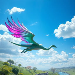 A fantastical creature with a vibrant, dazzling roof-like tail, soaring gracefully through a bright blue sky dotted with fluffy white clouds
