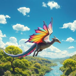 A fantastical creature with a vibrant, dazzling roof-like tail, soaring gracefully through a bright blue sky dotted with fluffy white clouds
