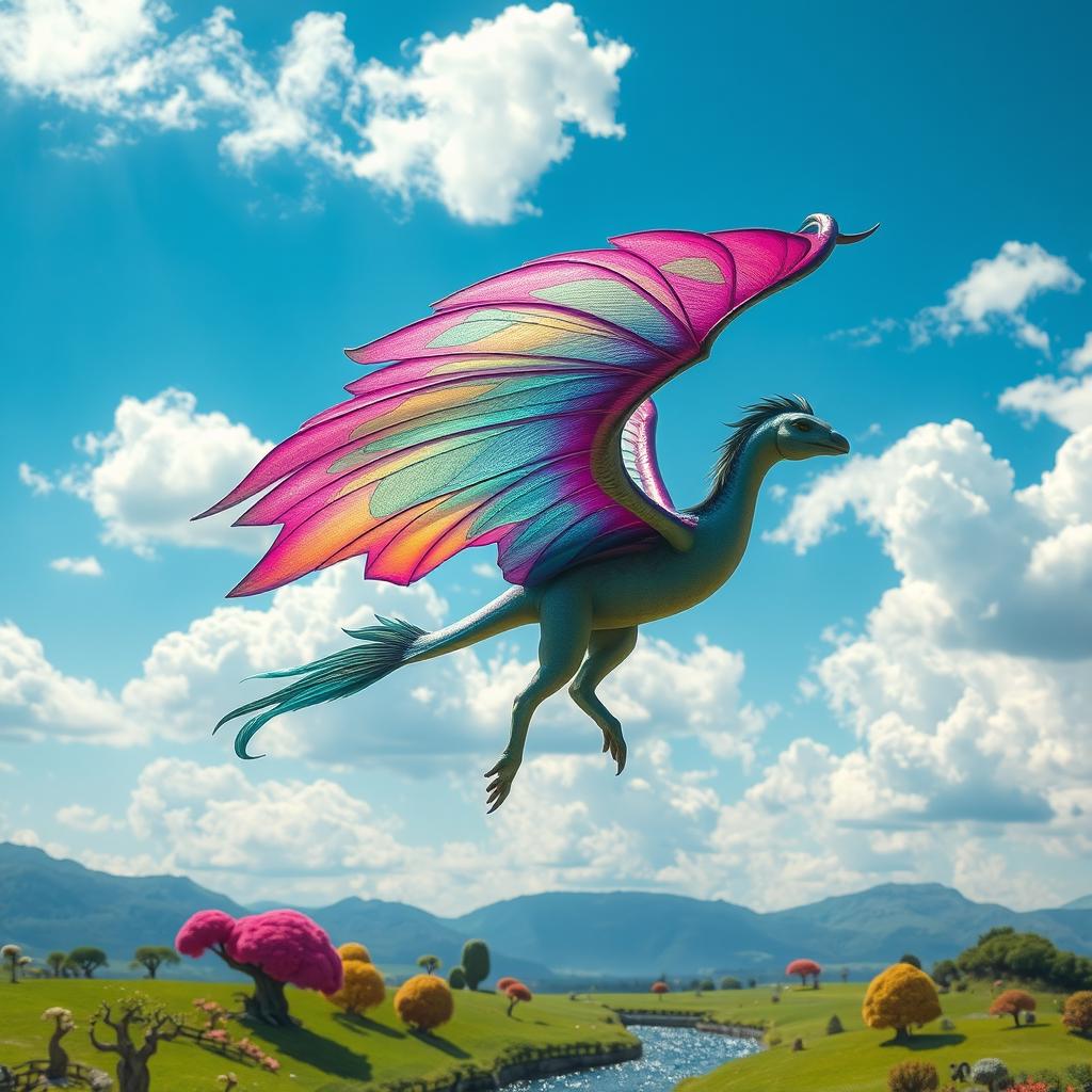 A fantastical creature with a vibrant, dazzling roof-like tail, soaring gracefully through a bright blue sky dotted with fluffy white clouds