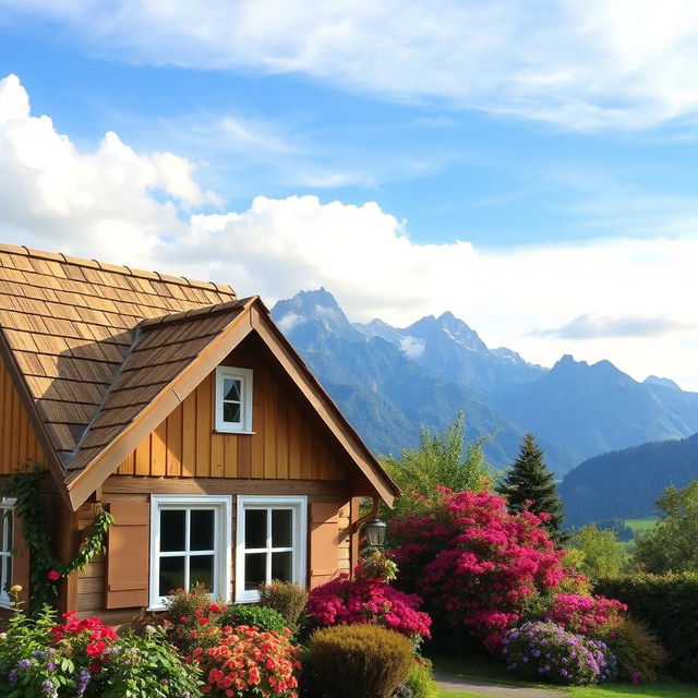 A beautiful, sloped roof design of a charming cottage, set against a picturesque landscape