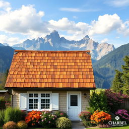 A beautiful, sloped roof design of a charming cottage, set against a picturesque landscape