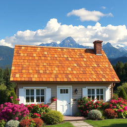 A beautiful, sloped roof design of a charming cottage, set against a picturesque landscape