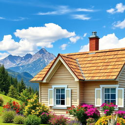 A beautiful, sloped roof design of a charming cottage, set against a picturesque landscape