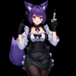 A sexy gothic semi-realistic anime kitsune girl maid, featuring striking gothic makeup and shoulder-length purple hair styled in a bun, secured with a black hairpin