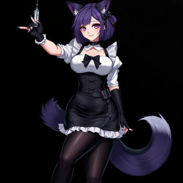 A sexy gothic semi-realistic anime kitsune girl maid, featuring striking gothic makeup and shoulder-length purple hair styled in a bun, secured with a black hairpin