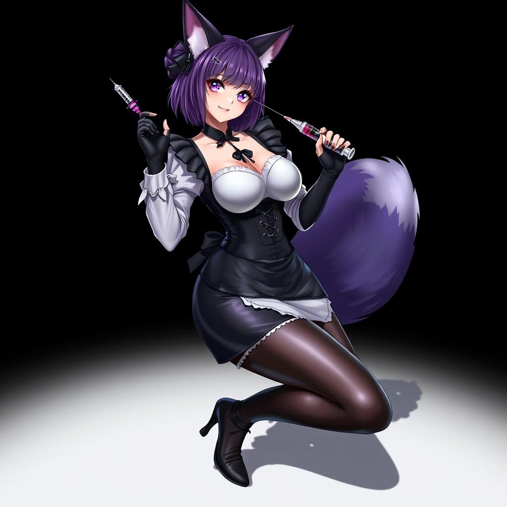 A sexy gothic semi-realistic anime kitsune girl maid, featuring striking gothic makeup and shoulder-length purple hair styled in a bun, secured with a black hairpin