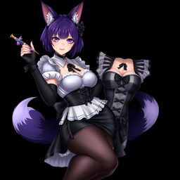 A sexy gothic semi-realistic anime kitsune girl maid, featuring striking gothic makeup and shoulder-length purple hair styled in a bun, secured with a black hairpin