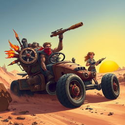 A thrilling illustration of a Fantasy Mad Max style racing rig in a desolate, post-apocalyptic landscape