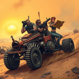 A thrilling illustration of a Fantasy Mad Max style racing rig in a desolate, post-apocalyptic landscape