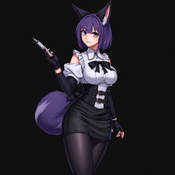 A sexy gothic semi-realistic anime kitsune girl maid, featuring striking gothic makeup and shoulder-length purple hair styled in a bun secured with a black hairpin