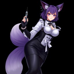 A sexy gothic semi-realistic anime kitsune girl maid, featuring striking gothic makeup and shoulder-length purple hair styled in a bun secured with a black hairpin