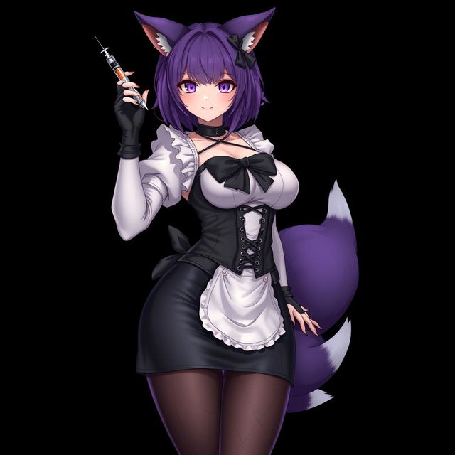 A sexy gothic semi-realistic anime kitsune girl maid, featuring striking gothic makeup and shoulder-length purple hair styled in a bun secured with a black hairpin