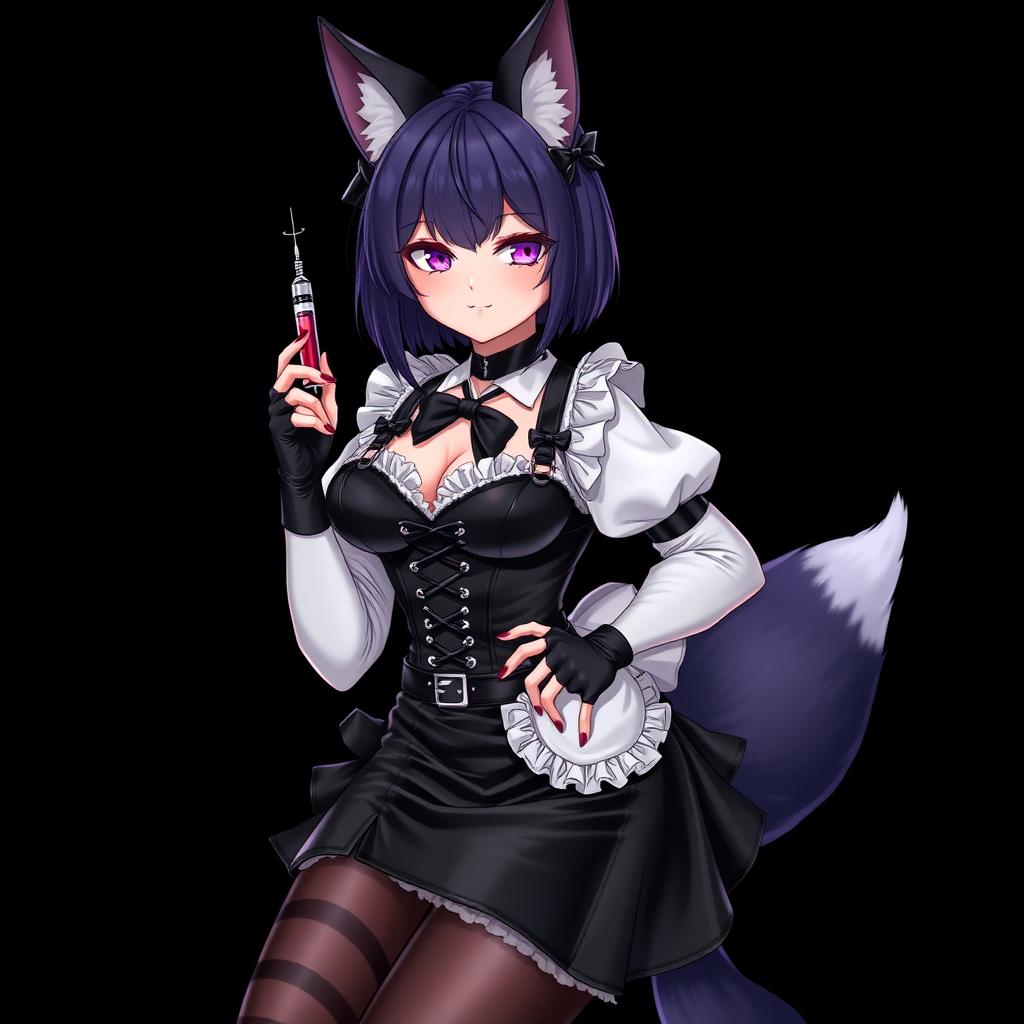 A sexy gothic semi-realistic anime kitsune girl maid, featuring striking gothic makeup and shoulder-length purple hair styled in a bun secured with a black hairpin