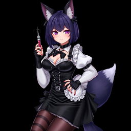 A sexy gothic semi-realistic anime kitsune girl maid, featuring striking gothic makeup and shoulder-length purple hair styled in a bun secured with a black hairpin