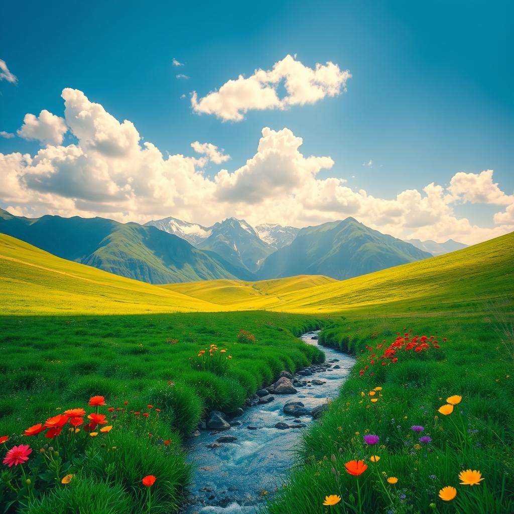 An enhanced image of a serene landscape featuring lush green hills under a bright blue sky, with fluffy white clouds drifting lazily