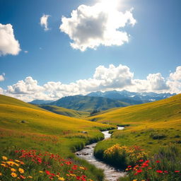 An enhanced image of a serene landscape featuring lush green hills under a bright blue sky, with fluffy white clouds drifting lazily