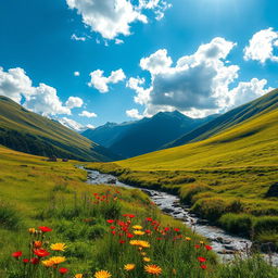 An enhanced image of a serene landscape featuring lush green hills under a bright blue sky, with fluffy white clouds drifting lazily