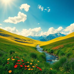An enhanced image of a serene landscape featuring lush green hills under a bright blue sky, with fluffy white clouds drifting lazily