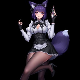 A sexy gothic semi-realistic anime kitsune girl maid, featuring striking gothic makeup and shoulder-length purple hair styled in a bun, adorned with a black hairpin