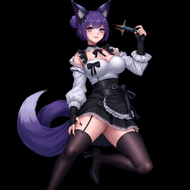 A sexy gothic semi-realistic anime kitsune girl maid, featuring striking gothic makeup and shoulder-length purple hair styled in a bun, adorned with a black hairpin