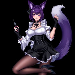 A sexy gothic semi-realistic anime kitsune girl maid, featuring striking gothic makeup and shoulder-length purple hair styled in a bun, adorned with a black hairpin