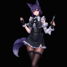 A sexy gothic semi-realistic anime kitsune girl maid, featuring striking gothic makeup and shoulder-length purple hair styled in a bun, adorned with a black hairpin