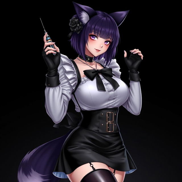 A sexy gothic semi-realistic anime kitsune girl maid, showcasing striking gothic makeup and shoulder-length purple hair elegantly styled in a bun, adorned with a black hairpin